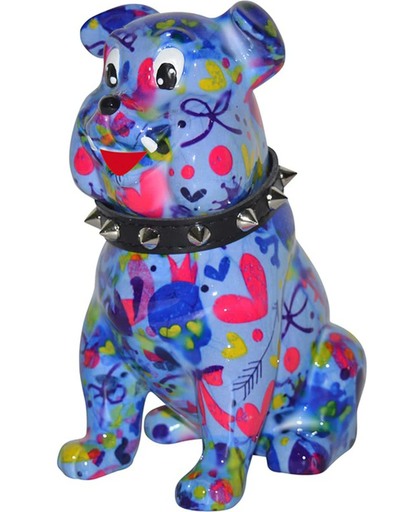 Pomme-pidou spaarpot bulldog 'Buddy' M blauw met strikjes, hartjes en doodskopjes