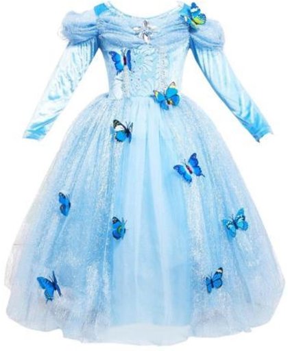 Prinsessen jurk blauw maat 140 + gratis staf en kroon - met vlinders - (labelmaat 150) - verkleedjurk