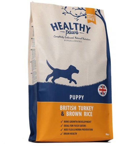 Healthy paws puppy britse kalkoen / zilvervliesrijst hondenvoer 6 kg
