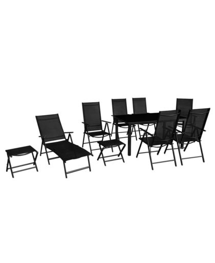 vidaXL tuinset zwart - 6 stoelen en 1 ligstoel - 1 tafel en 2 voetenbankjes