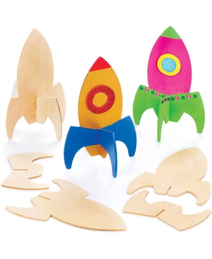 Houten opstaande raketjes voor kinderen. Leuke knutsel- en decoratiesets voor jongens en meisjes (6 stuks per verpakking)