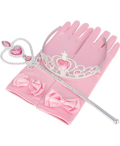 Elsa Prinsessen accessoire set roze - handschoenen, staf, kroon - verkleedjurk