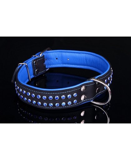 Dog's Companion Leren Halsband - met strass kristallen - 47-57 cm x 40 mm - Zwart/Blauw