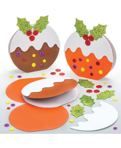 Decoratiesetjes met kartonnen kerstpudding. Creatieve kerstknutselpakketten om zelf kerstkaarten/-decoraties te maken (6 stuks per verpakking)
