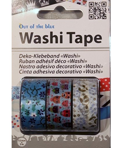 LeuksteWinkeltje masking tape Uil / Bloemen / Bloemen - decoratie washi papier tape - 3 rollen 15 mm x 3 m