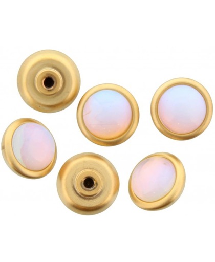 6 ronde gouden schroefjes met een paarlemoer kleurig steentjes erop.