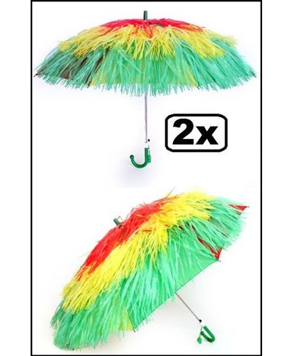 2x Raffia paraplu rood/geel/groen incl. fluitje