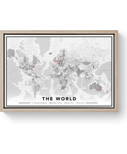 Wereldkaart op canvas met houten baklijst - 40x60cm