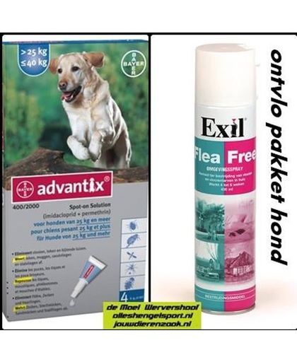 teken en vlooien pakket voor de hond van 25 kg en zwaarder - Exil flea free omgevingsspray + 4 pipetten advantix hond 400/2000