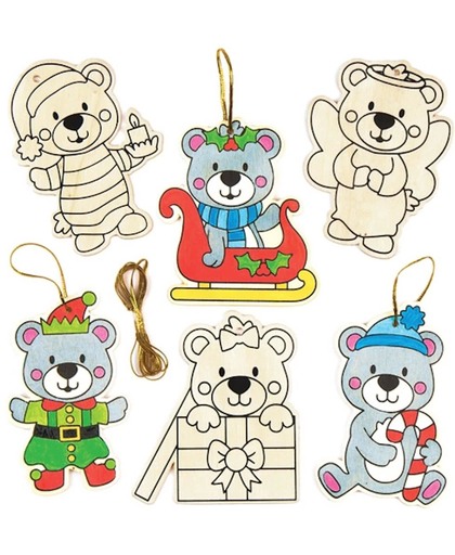 Houten teddybeerdecoraties. Leuke kerstknutselsets voor jongens en meisjes (10 stuks per verpakking)