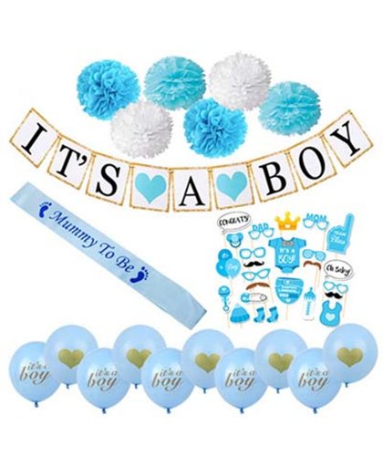 Uitgebreide babyshower versiering set (jongen) met ballonnen, foto booth accessoires en pompons