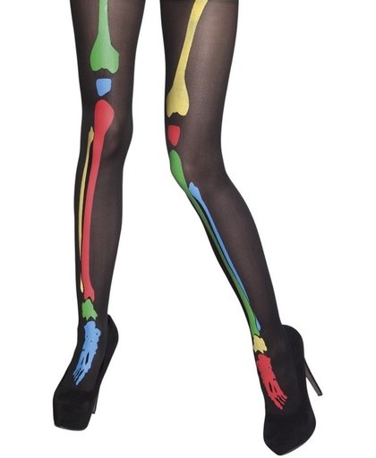 Zwarte skeletten panty met gekleurde botten print voor dames