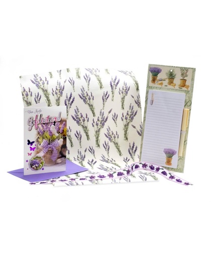 Lavendel cadeauset boodschappenblok cadeaupapier wenskaart cadeaulint