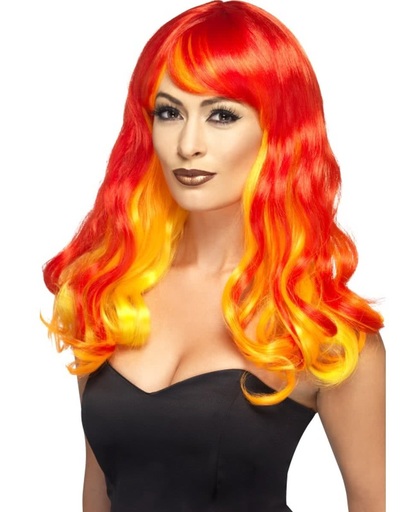 Duivel pruik - Vlammen haar - Duivelin - Oranje-rood-geel haren