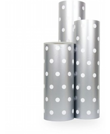 Cadeaupapier Witte Stippen op Zilver - Rol 30cm - 200m - 90gr | Winkelrol / Toonbankrol / Geschenkpapier / Kadopapier / Inpakpapier