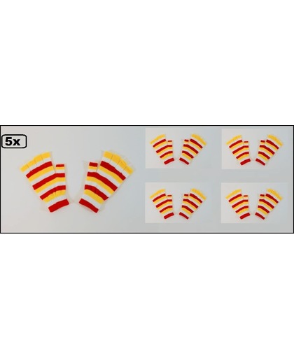 5x Paar Vingerloze handschoen rood/wit/geel smalle strepen
