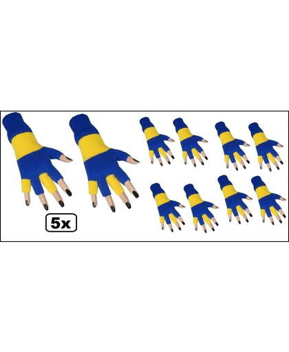 5x Paar vingerloze handschoen blauw/geel