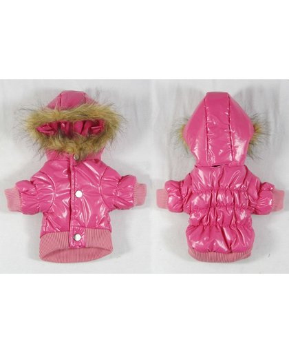 Winterjas voor de hond in de kleur roze met bont randje - L (lengte rug 32 cm, omvang borst 40 cm, omvang nek 30 cm)