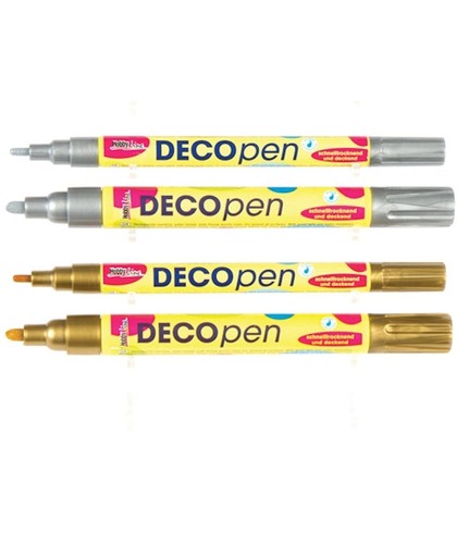 Metallic goud- en zilverkleurige deco-pennen voor knutselen. 2 verschillende kleuren met fijne en middelgrote punten (4 stuks)