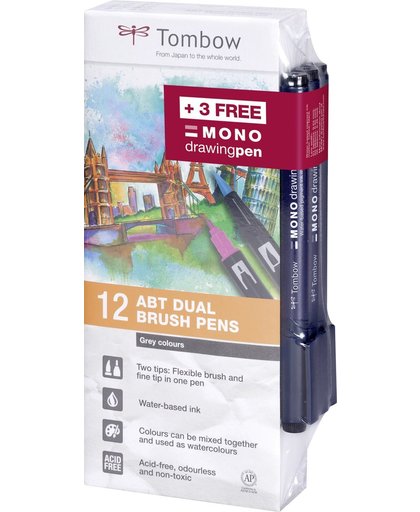 Tombow, ABT Dual Brush Pens - 12 Grijs kleuren + Tijdelijk 3 fineliners gratis OP=OP