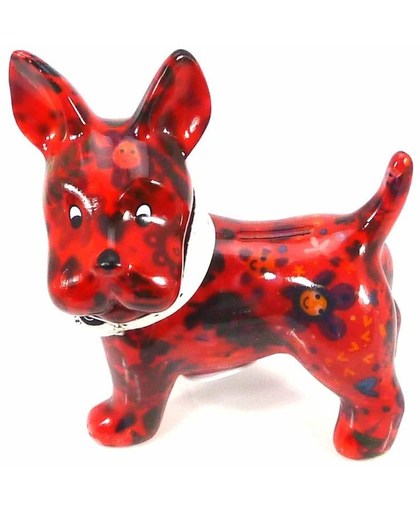 Pomme Pidou spaarpot hond Boomer - Uitvoering - Rood met bloemen met gezichtjes