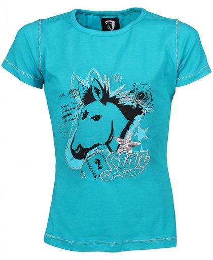T'shirt junior turquoise met paarden afbeelding 140