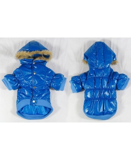 Winterjas voor de hond in de kleur blauw met bont randje - M (lengte rug 27 cm, omvang borst 36 cm, omvang nek 28 cm)
