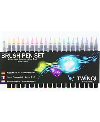 TWINQL - 20 Kleuren penseelstiften - Voor kleuren, kalligraferen en aquarellen - Brush pen set - Inclusief water penseelstift