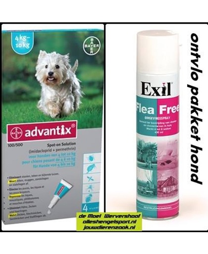 teken en vlooien pakket voor de hond van 4 kg tot 10 kg - Exil flea free omgevingsspray + 4 pipetten advantix hond 100/500