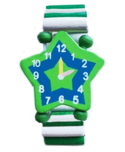Houten Kinder Horloge Ster - Wit/Groen - Elastiek - Wijzerloos - Speelgoed Kids 3+