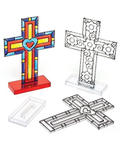 Ontwerp je eigen staande kruisen zonlicht vangende religieuze decoraties - creatieve knutselpakket met hangdecoraties voor kinderen om in te kleuren en versieren (4 stuks)