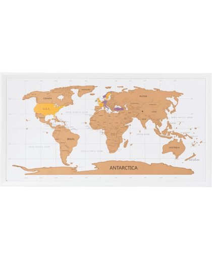 Wereldkaart Kras in Mooie Witte Lijst | World Scratch Map in Frame | Krasmap Wereld Kraskaart Scratchmap | Kras al je Vakantiebestemmingen weg! | Cadeauartikel | GadgetArtikel | Groot Poster 79 x  43 cm Woondecoratie