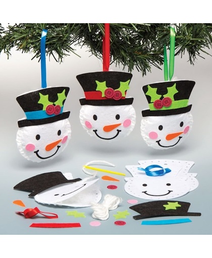 Naaisets voor vilten sneeuwpopdecoraties, die kinderen kunnen maken, versieren en ophangen of als creatief cadeautje kunnen geven (verpakking van 3).