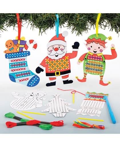 Borduursets met kerstafbeelding voor kinderen om zelf te maken - Creatieve knutselset voor kinderen (verpakking van 6)