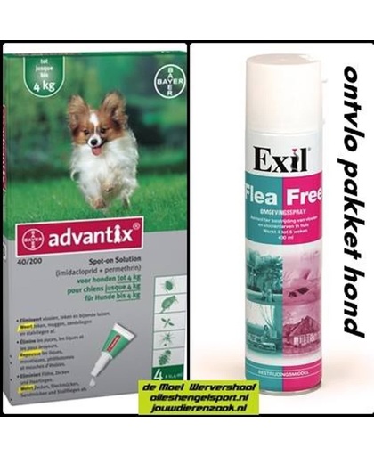teken en vlooien pakket voor de hond tot 4 kg - Exil flea free omgevingsspray + 4 pipetten advantix hond 40/200