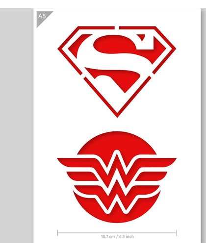 A5 Sjabloon Superman en Wonder Woman Logo’s – Kunststof Stencil - Logo’s zijn 10,7cm breed