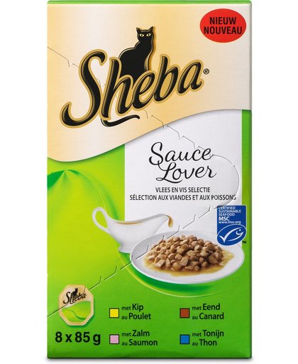 SHEBA® Sauce Lovers Multipack - tonijn, zalm, kip, eend - kattenvoer - 8x 85g