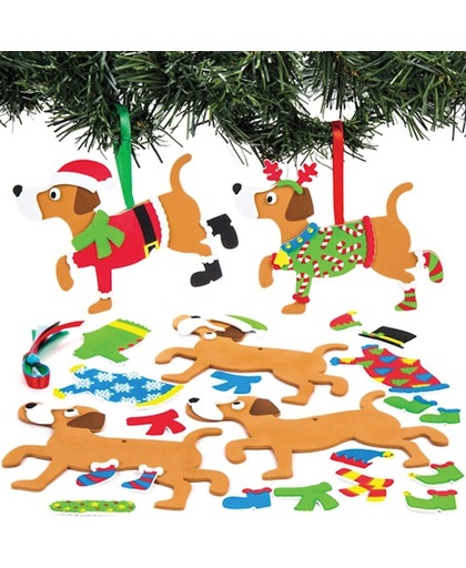 Mix & match kerstdecoratiesets met puppy. Leuke knutsel- en decoratiesets voor kerst voor jongens en meisjes (6 stuks per verpakking)