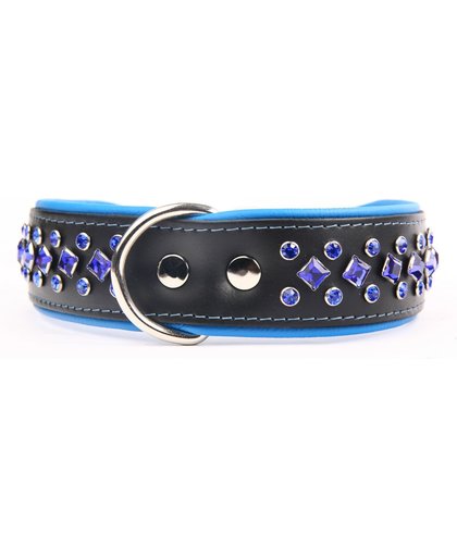 Dog's Companion Leren Halsband - met strass kristallen - Zwart/Blauw - 51-60 cm x 50 mm