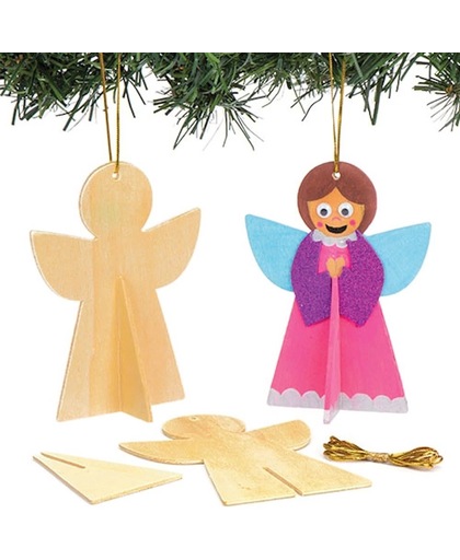 Houten 3D engeldecoraties. Leuke knutsel- en decoratiesets voor kerst voor jongens en meisjes (6 stuks per verpakking)