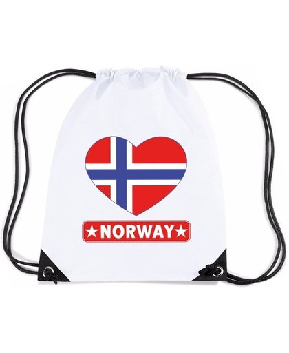 Noorwegen nylon rijgkoord rugzak/ sporttas wit met Noorweegse vlag in hart