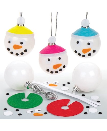 Sets met kerstballen met sneeuwpopversiering voor kinderen om in de kerstboom te hangen - Creatief kinderspeelgoed om zelf te ontwerpen (verpakking van 6)