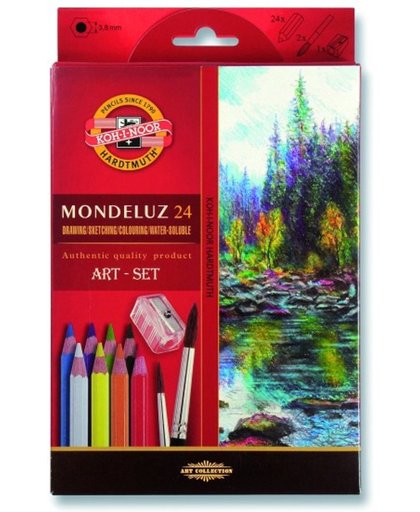 Aquarelpotloden Mondeluz Artset 3711, 24 kleuren, 2 penselen + puntenslijper