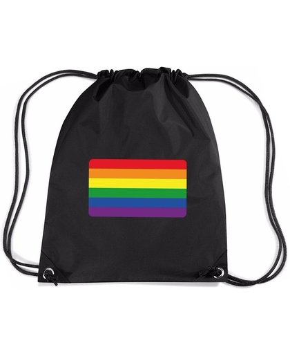 Regenboog nylon rijgkoord rugzak/ sporttas zwart met Regenboog vlag