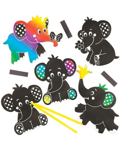 Set met magneten met kraskunst in de vorm van een olifant die kinderen kunnen ontwerpen, maken en ophangen – creatieve zomerknutselset voor kinderen (verpakking van 10)