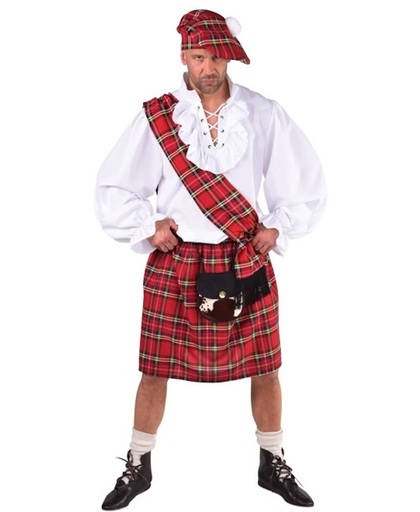 Schots kostuum; kilt met tasje, sjerp en baret in schotse ruit - Heren verkleedkleding maat L/XL