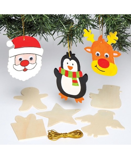 Houten kerstdecoraties die kinderen naar eigen smaak kunnen versieren (verpakking van 12).