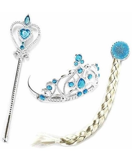 Prinsessen accessoire set - staf + kroon + vlecht - Prinses Elsa - verkleedkleding - jurk