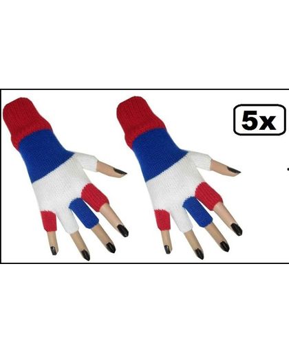 5x Paar vingerloze handschoen rood/wit/blauw