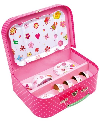 Picknick koffer speelgoed servies roze bloemetjes
